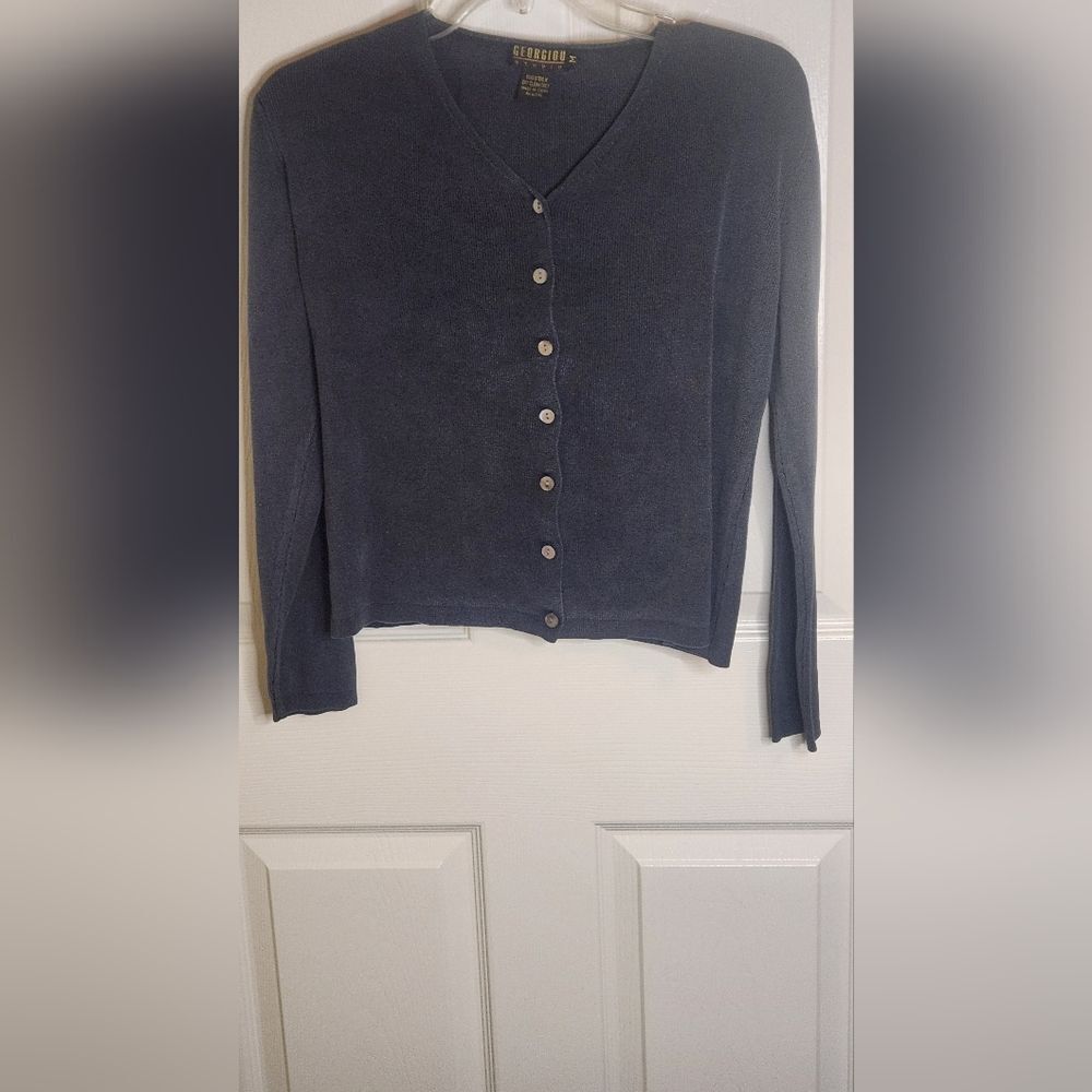 Vtg Georgiou M Iron Gray 100% SILK Lslv V-neck Knit Buttons Up Women's Cardigan